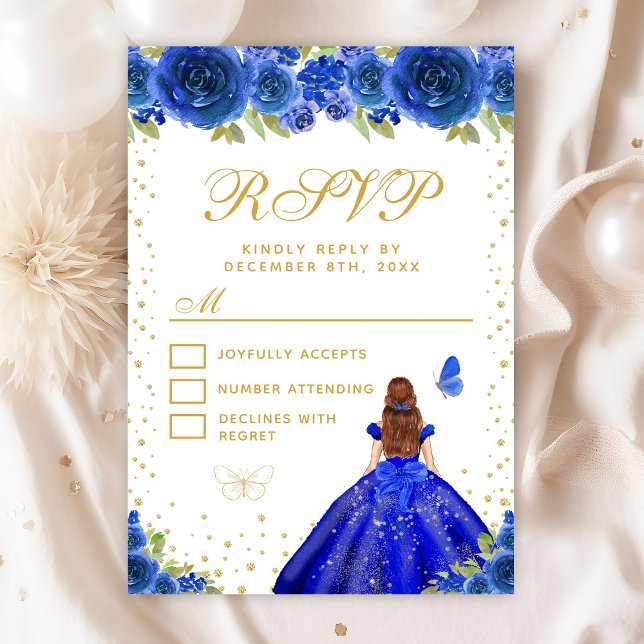 Blue Floral Brown Hair Princess Sweet Sixteen RSVP Card (Creator Uploaded)