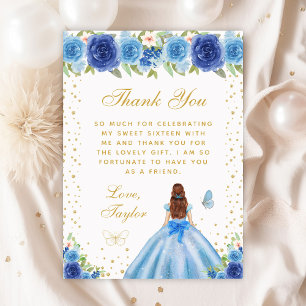 Blue Floral Brown Hair Princess Sweet Sixteen Thank You Card
