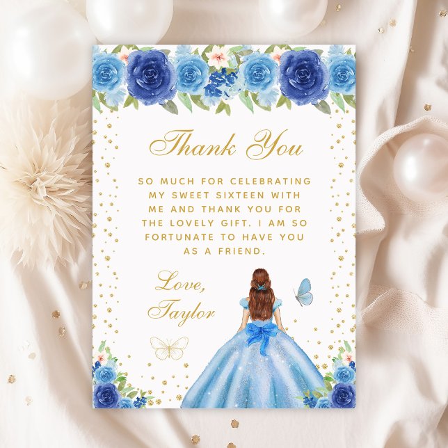 Blue Floral Brown Hair Princess Sweet Sixteen Thank You Card (Creator Uploaded)