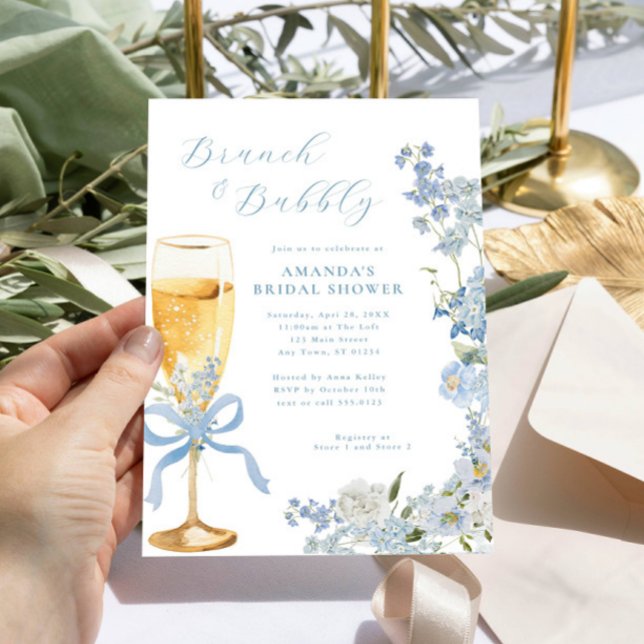 Blue Floral Brunch and Bubbly Champagne Glass Invitation (Creator Uploaded)