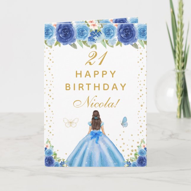 Blue Floral Brunette Hair Girl Birthday Card (Front)