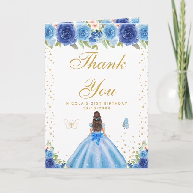Blue Floral Brunette Hair Girl Birthday Thank You Card (Front)