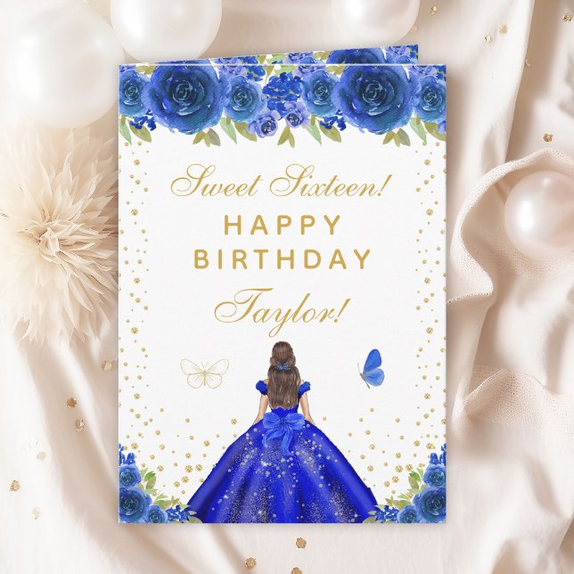 Blue Floral Brunette Hair Girl Sweet Sixteen Card (Creator Uploaded)