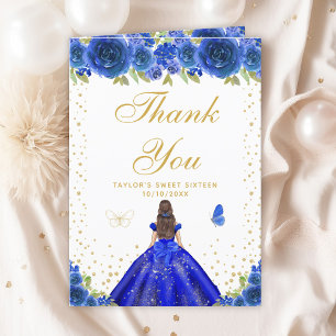 Blue Floral Brunette Hair Girl Sweet Sixteen Thank You Card