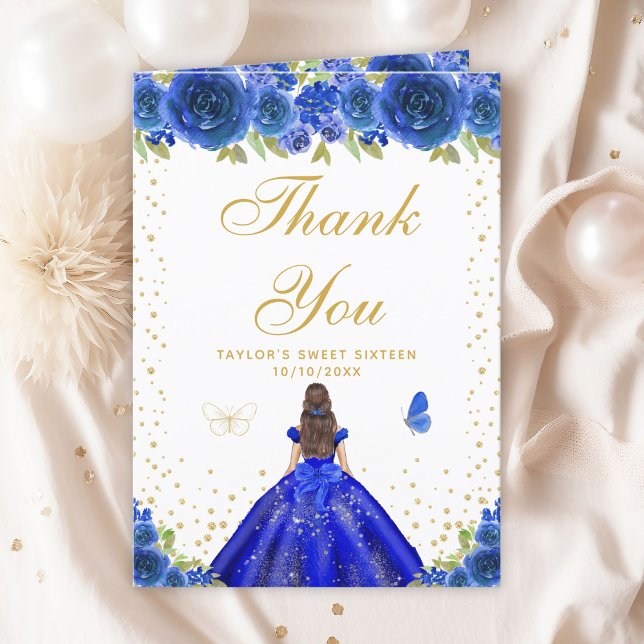 Blue Floral Brunette Hair Girl Sweet Sixteen Thank You Card (Creator Uploaded)