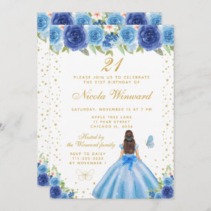 Blue Floral Brunette Hair Princess Birthday Party Invitation