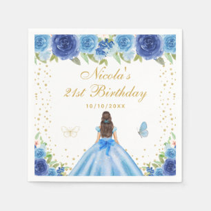 Blue Floral Brunette Hair Princess Birthday Party Napkin