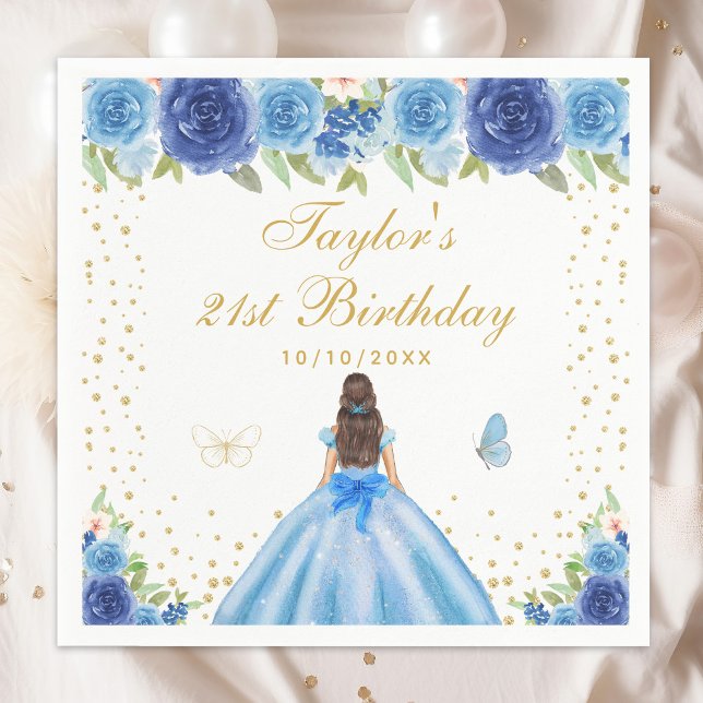 Blue Floral Brunette Hair Princess Birthday Party Napkin (Creator Uploaded)