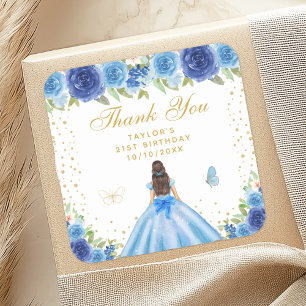 Blue Floral Brunette Hair Princess Birthday Party Square Sticker