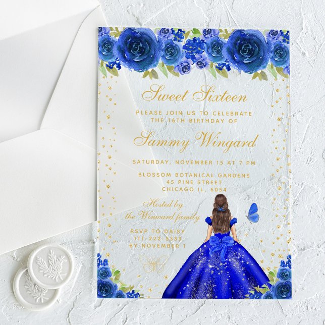 Blue Floral Brunette Hair Princess Sweet Sixteen Acrylic Invitations (Creator Uploaded)