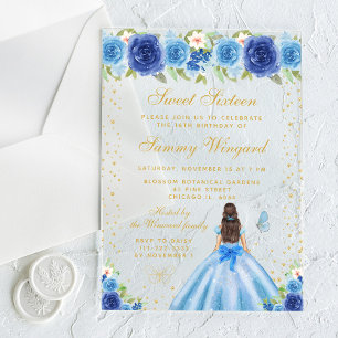 Blue Floral Brunette Hair Princess Sweet Sixteen Acrylic Invitations