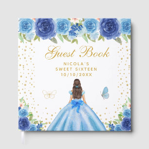 Blue Floral Brunette Hair Princess Sweet Sixteen Guest Book