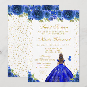Blue Floral Brunette Hair Princess Sweet Sixteen Invitation