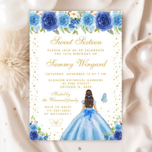 Blue Floral Brunette Hair Princess Sweet Sixteen Invitation