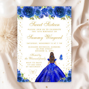 Blue Floral Brunette Hair Princess Sweet Sixteen Invitation