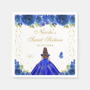 Blue Floral Brunette Hair Princess Sweet Sixteen Napkin