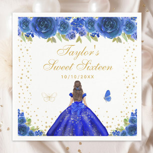 Blue Floral Brunette Hair Princess Sweet Sixteen Napkin