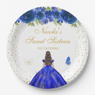 Blue Floral Brunette Hair Princess Sweet Sixteen Paper Plate