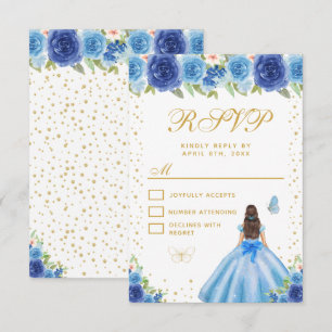 Blue Floral Brunette Hair Princess Sweet Sixteen RSVP Card