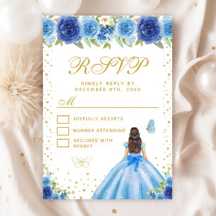 Blue Floral Brunette Hair Princess Sweet Sixteen RSVP Card