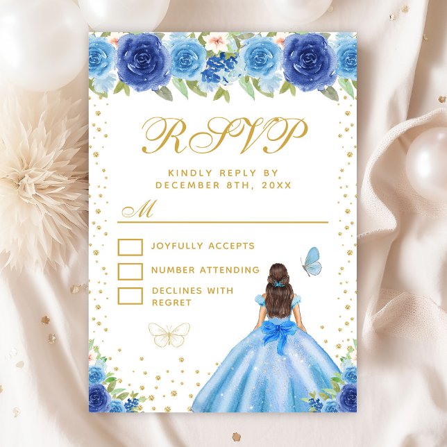 Blue Floral Brunette Hair Princess Sweet Sixteen RSVP Card (Creator Uploaded)