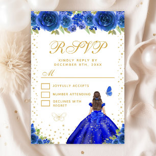 Blue Floral Brunette Hair Princess Sweet Sixteen RSVP Card