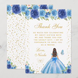 Blue Floral Brunette Hair Princess Sweet Sixteen Thank You Card