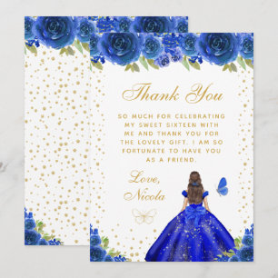 Blue Floral Brunette Hair Princess Sweet Sixteen Thank You Card