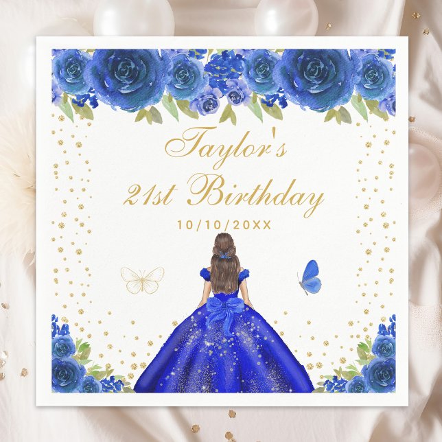Blue Floral Brunette Princess Birthday Party Napkin (Creator Uploaded)