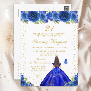 Blue Floral Brunette Princess Birthday Party Postcard