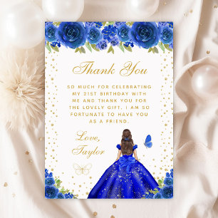 Blue Floral Brunette Princess Birthday Party Thank You Card