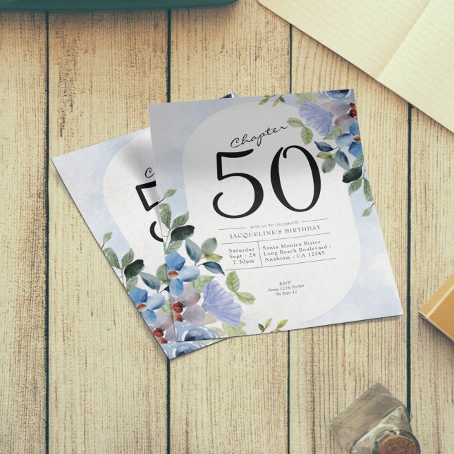 Blue Floral Budget 50th Birthday Invitation Flyer (Creator Uploaded)