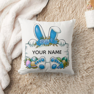 Blue Floral Bunny Ears Easter Name Sign Graphic Cushion
