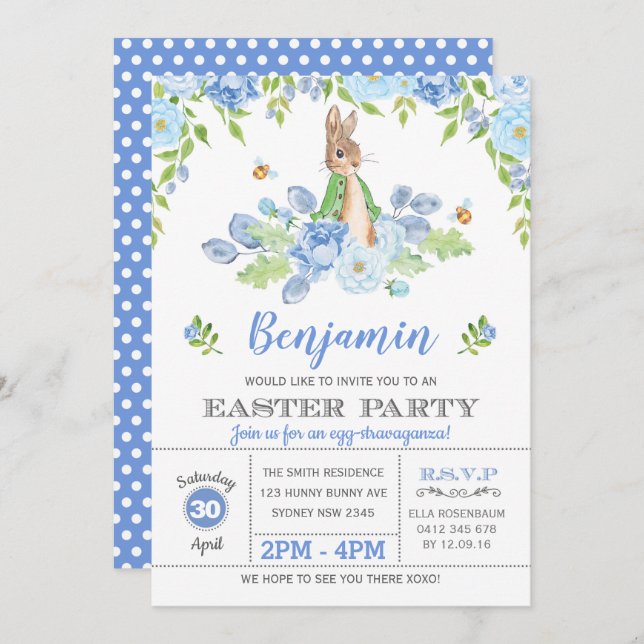 Blue Floral Bunny Easter Party Watercolor Rabbit Invitation (Front/Back)