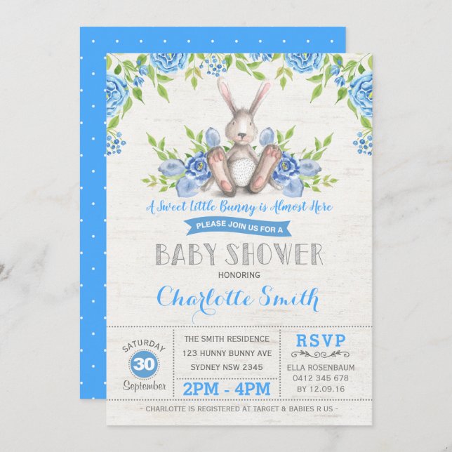 Blue Floral Bunny Rabbit Baby Shower Garden Tea Invitation (Front/Back)
