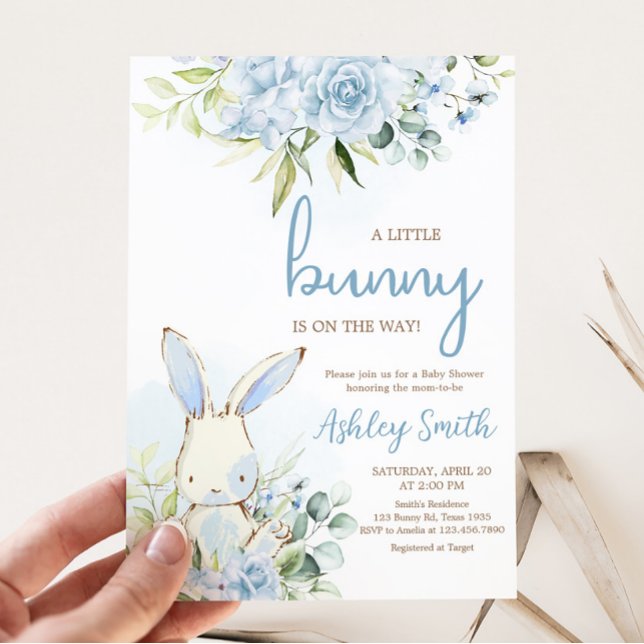 Blue Floral Bunny Rabbit Baby Shower Invitation (A Little Bunny Boy Baby Shower Invitation)