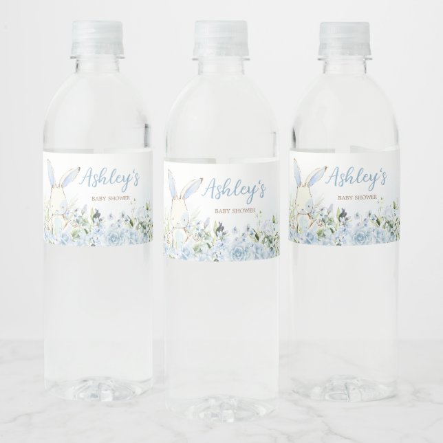 Blue Floral Bunny Rabbit Baby Shower Water Bottle Label (Bottles)