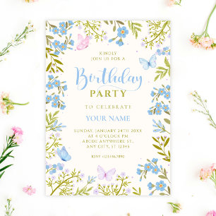Blue floral butterflies birthday invitation