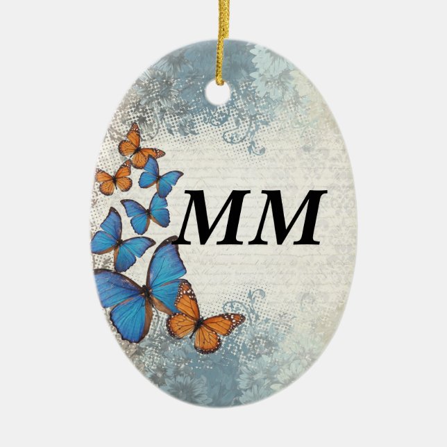 Blue floral butterflies ceramic tree decoration (Front)