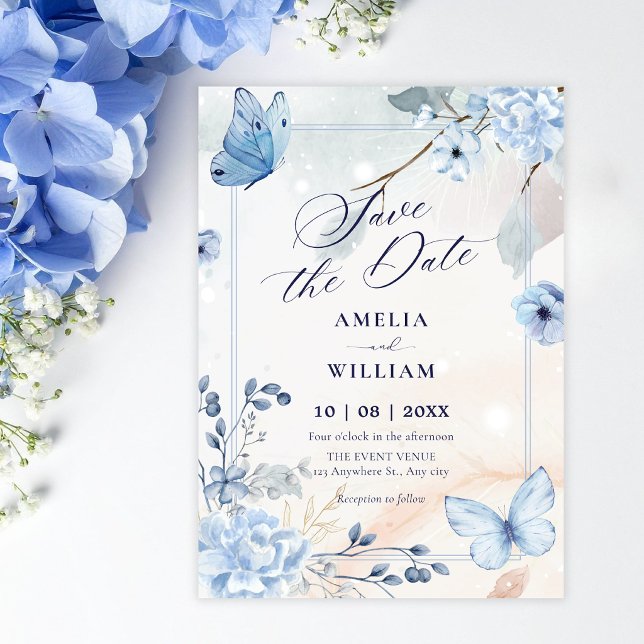 Blue floral butterflies save the date (Creator Uploaded)