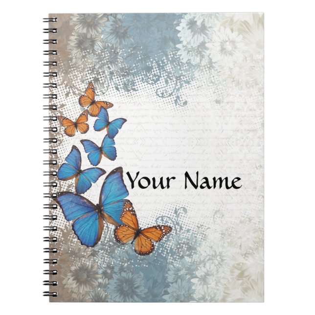 Blue floral butterflies spiral notebook (Front)
