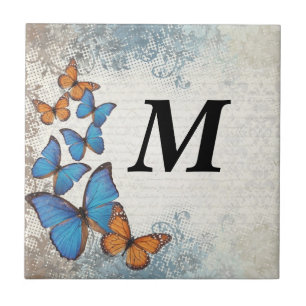Blue floral butterflies tile