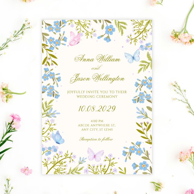 Blue floral butterflies wedding invitation (Creator Uploaded)