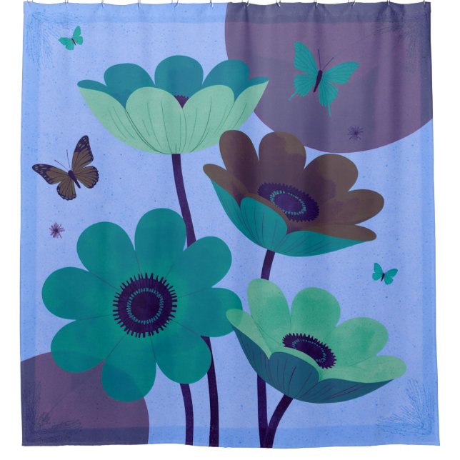 Blue Floral & Butterfly Abstract Shower Curtain (Front)
