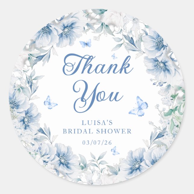 Blue Floral Butterfly Bridal Shower Thank You Classic Round Sticker (Front)