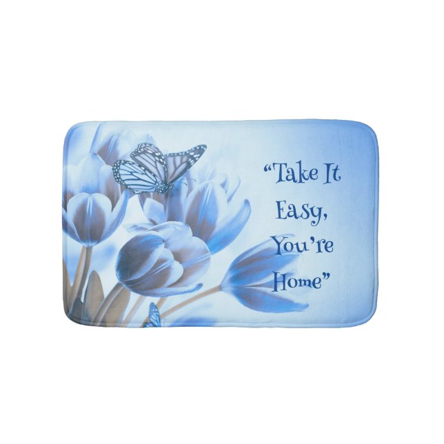 Blue Floral Butterfly Delight Memory Foam Bath Mat (Front)