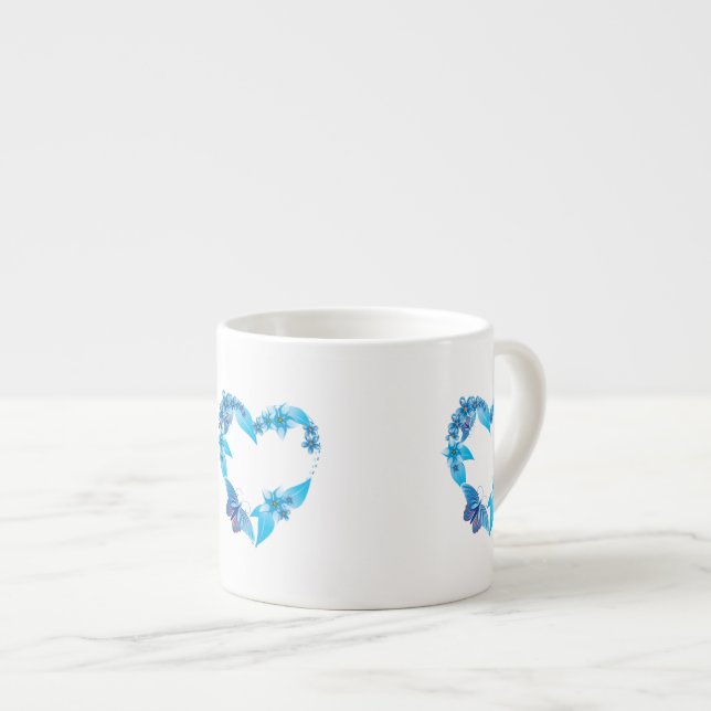 Blue Floral Butterfly Heart Espresso Cup (Front Right)