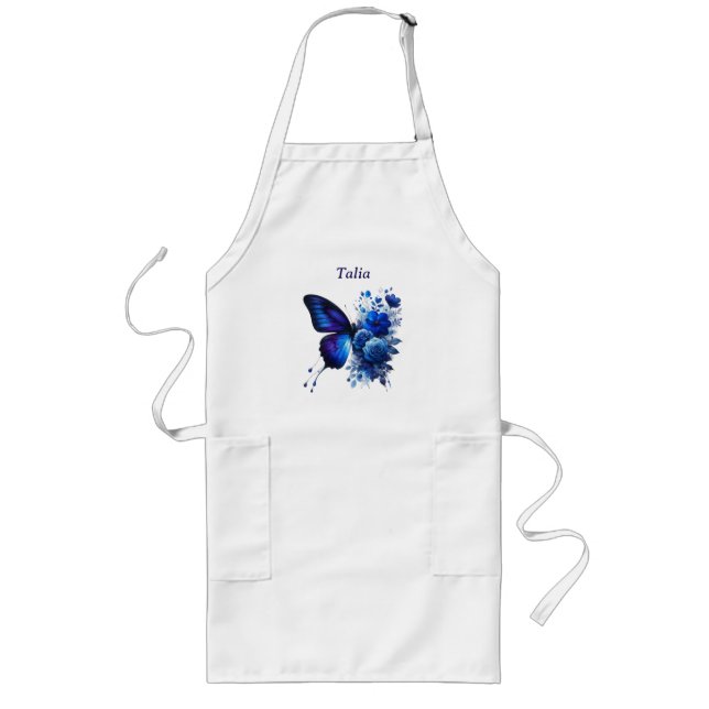 Blue Floral Butterfly Personalised Long Apron (Front)