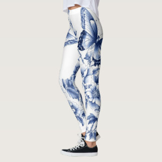Blue Floral Butterfly Popcorn – Elegant Botani Leggings
