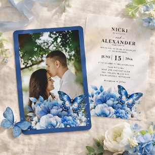 Blue Floral Butterfly Wedding Invitation